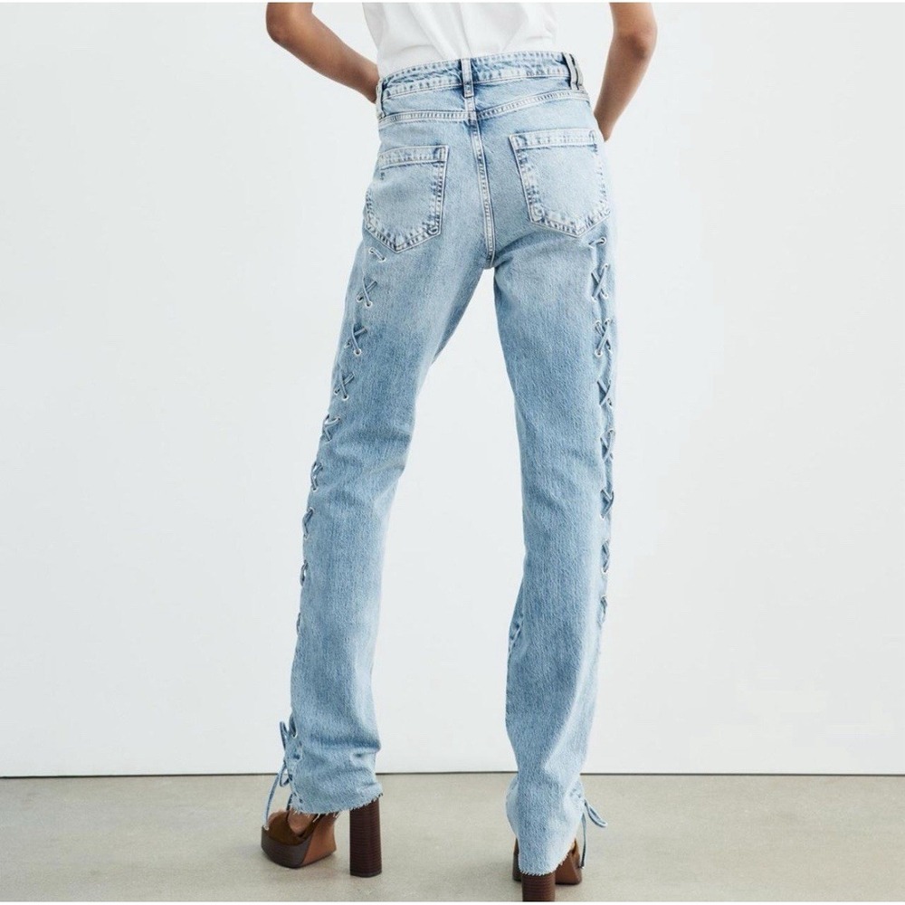 Zara slim fit‎ high waist side lace jeans Women's 4 Light Wash Tall Long